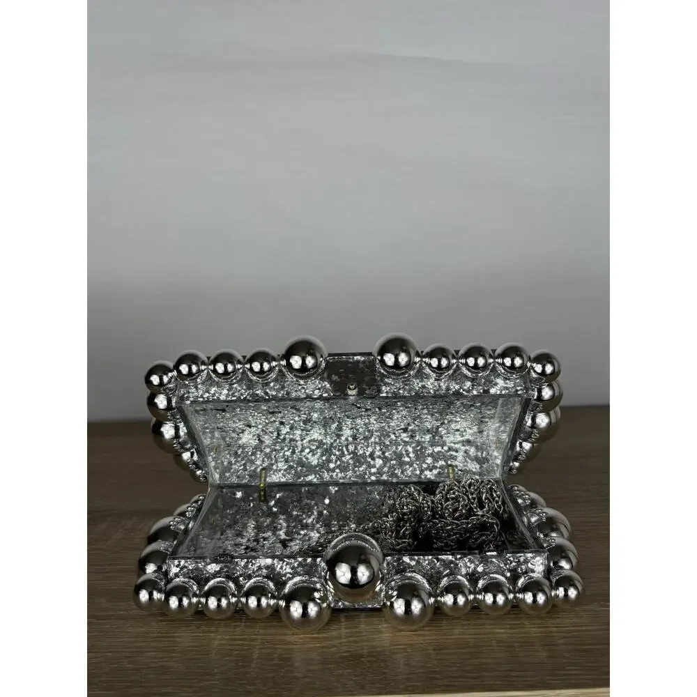 Silver Glitter Acrylic Box Clutch Bubble Ball Evening Bag Crossbody Chain Purse